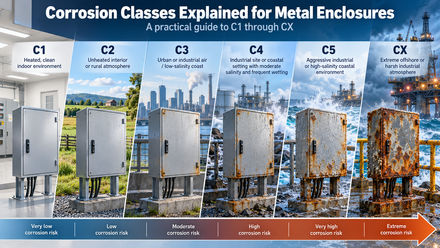 Corrosion classes C1 to CX shown across indoor, rural, industrial, coastal and offshore environments, with increasing corrosion risk.