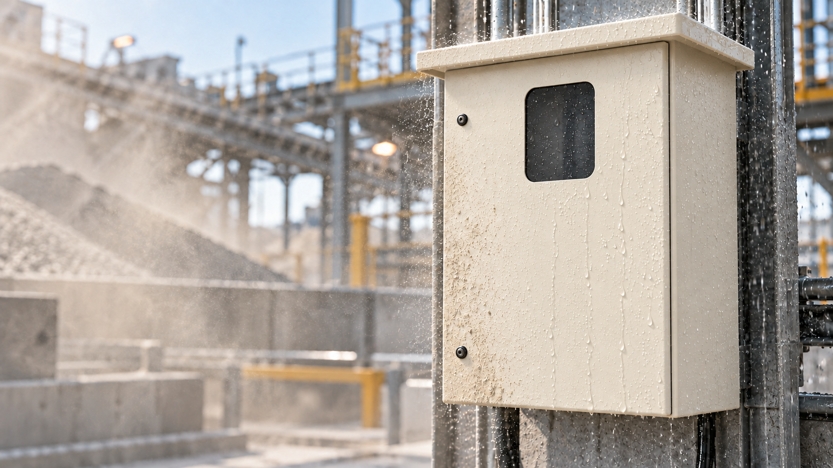Cream electrical enclosure in a factory with water droplets on its surface.