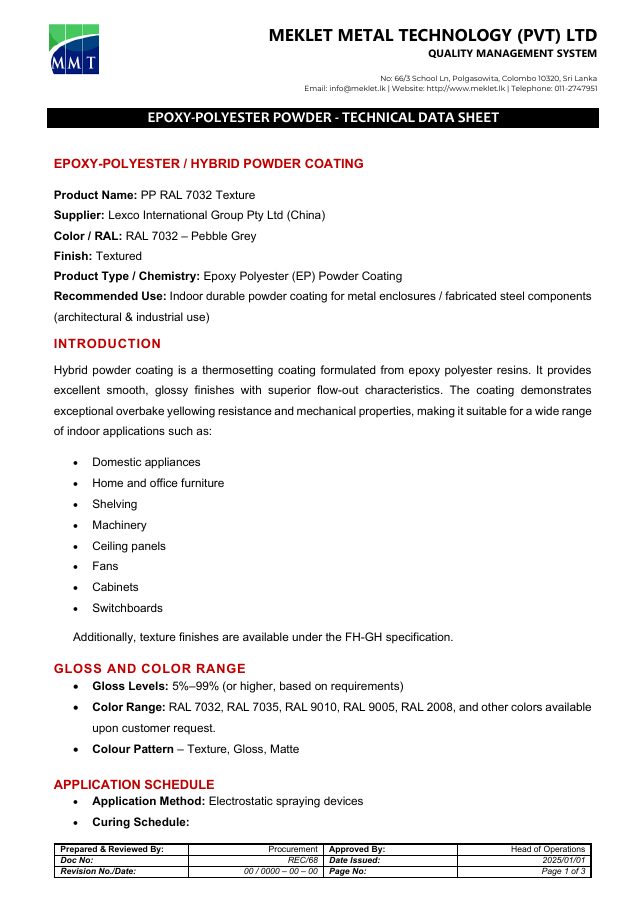 First page of the Epoxy-Polyester Powder · LEXCO data sheet