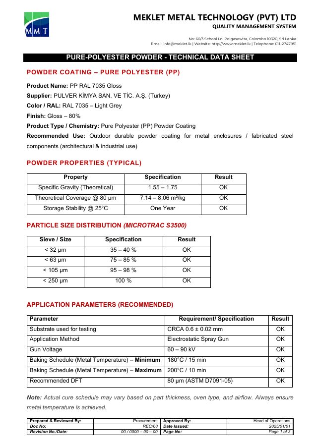 First page of the Pure-Polyester Powder Pulver data sheet