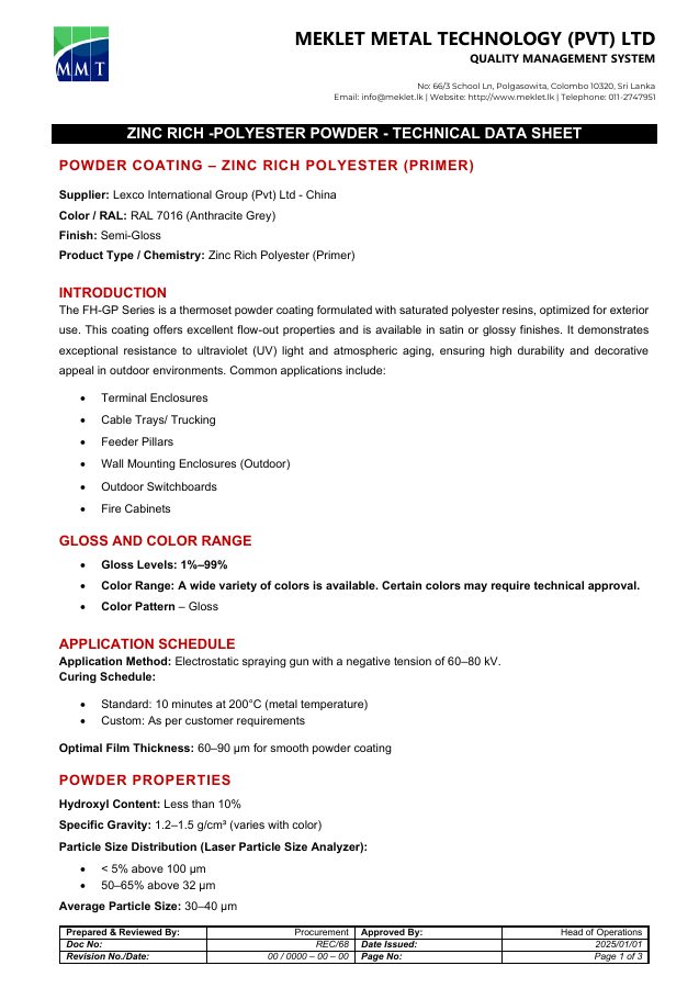 First page of the Zinc-Rich Polyester Powder data sheet